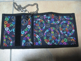 Peace color, hrubá, pevná, textilná peňaženka s retiazkou a karabínkou